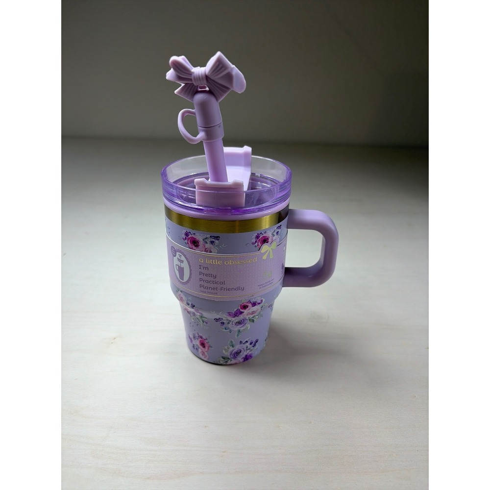 A Little Obsessed Lavender Floral Stainless Steel 14oz Tumbler Bow Straw Topper